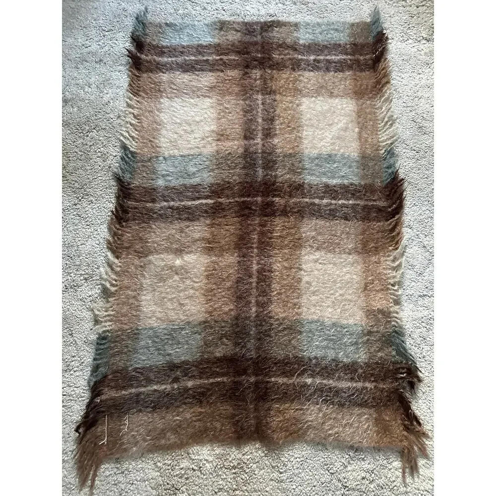 Vintage Mohair & Wool Throw plaid beige blue tan fringed fuzzy 52x36”